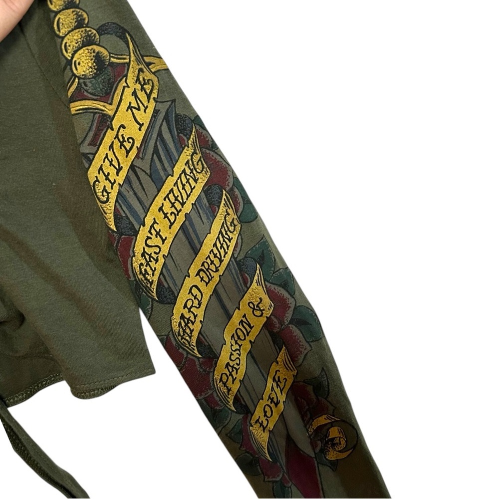 Y2K RARE lucky brand L/XL shrug cardigan arm tattoo dagger‎ PRINT arm sleeve tie - Picture 3 of 14